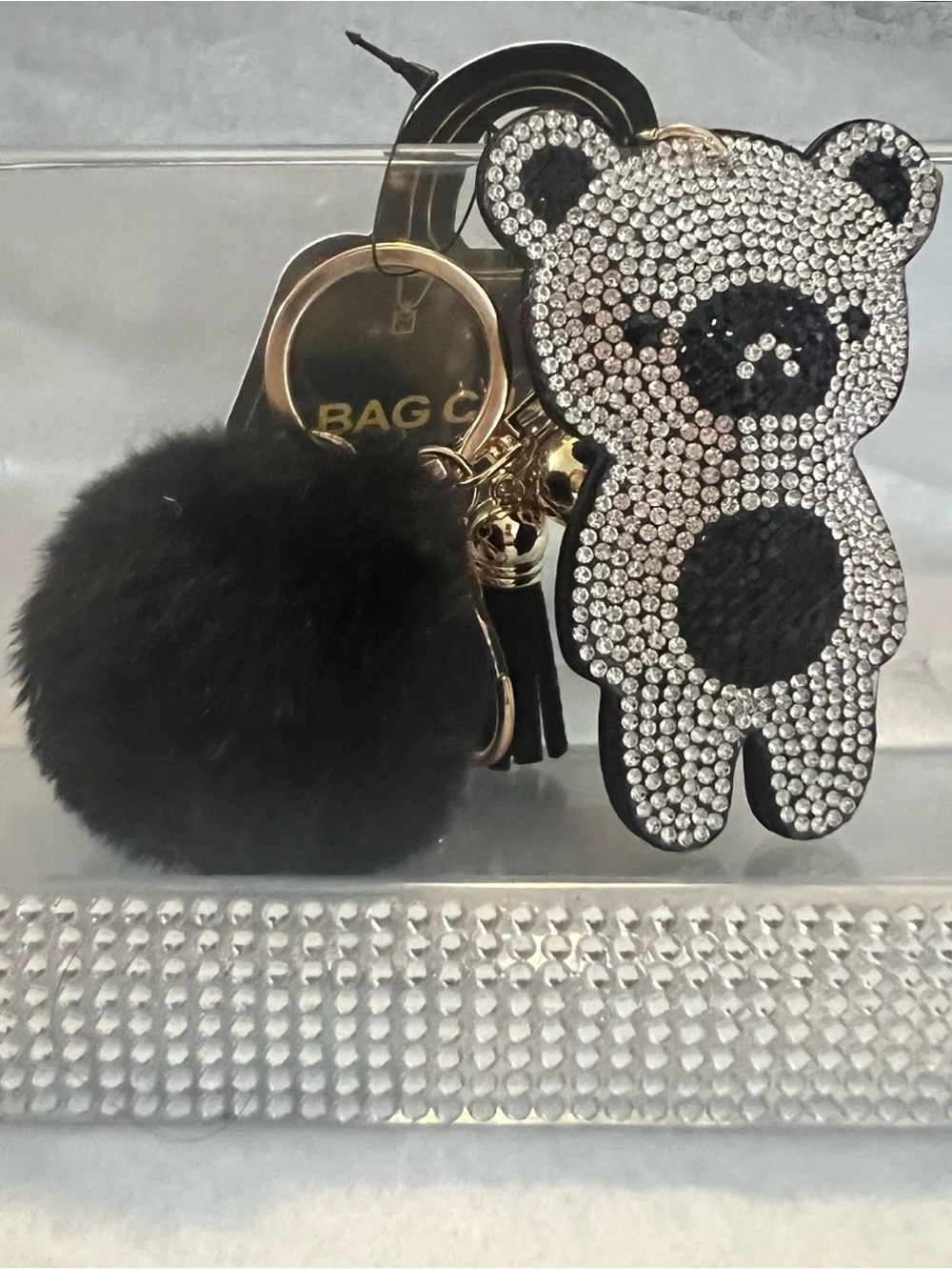 Crystal Bear Pom Pom Bag Charm - Black NWT
